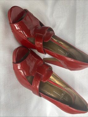Paolo Red Patent Leather Peep-Toe Heels with Knot Detail